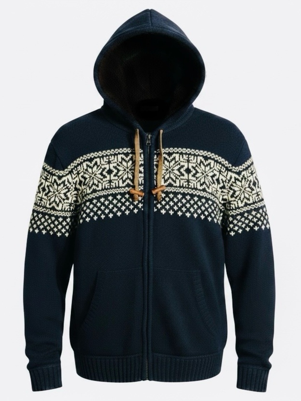 UNIONBAY Navy/White Zip-Up Nordic Knit Hoodie Sweater With Sherpa lined hood.